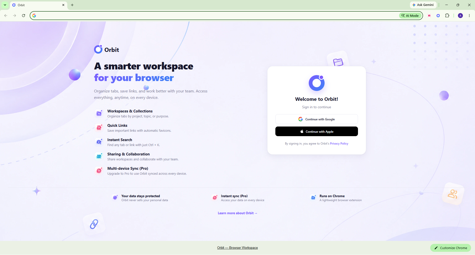 شاشة تسجيل الدخول إلى Orbit