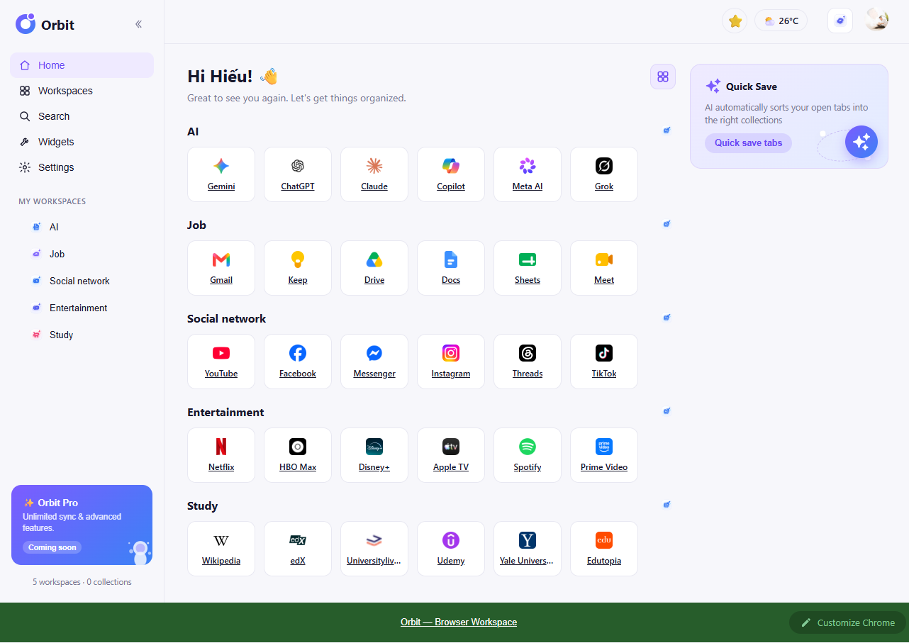 صفحة Orbit الرئيسية مع مساحات العمل وwidgets
